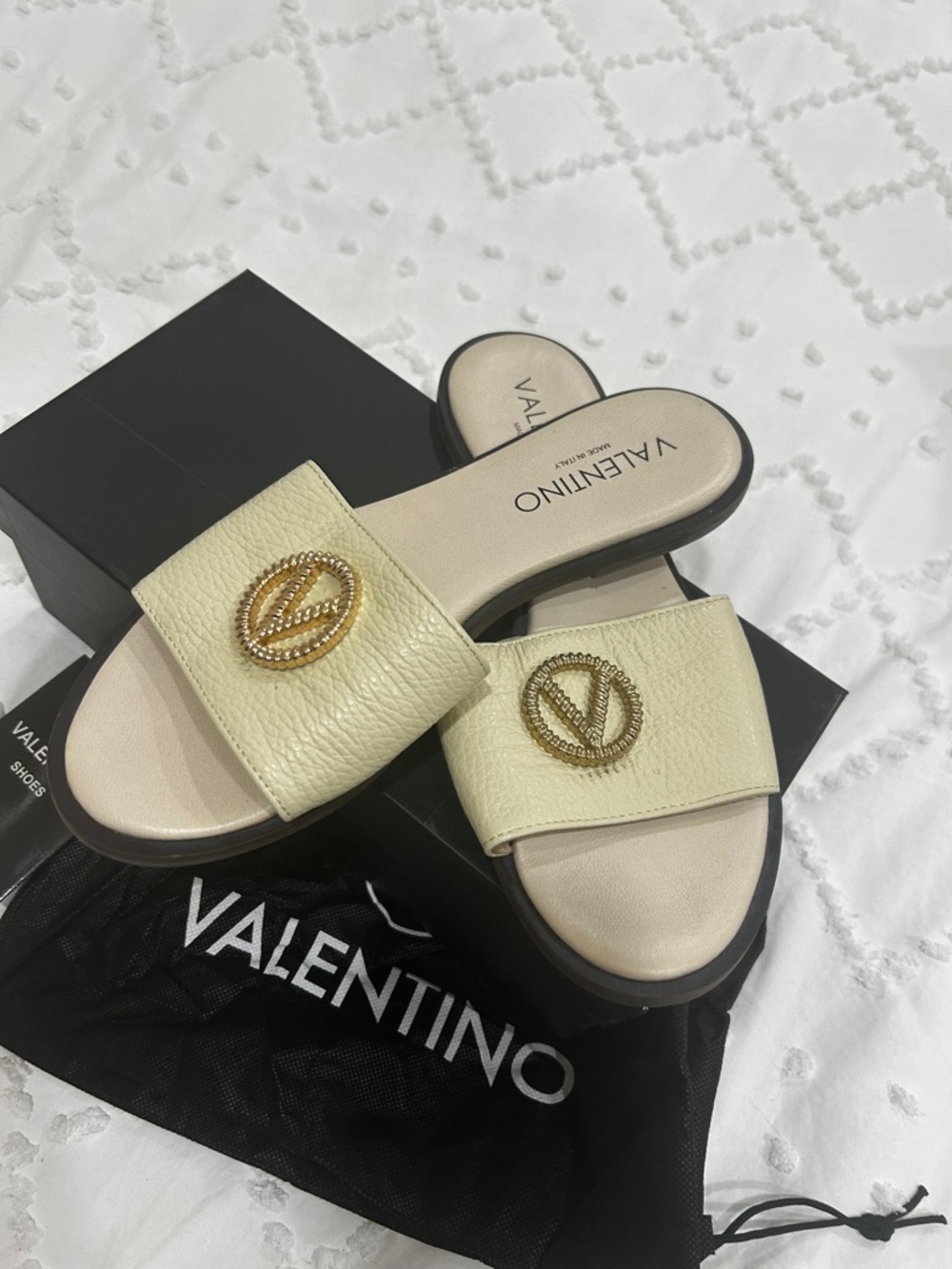 Valentino Cream Leather Slide Mules with Gold V Logo